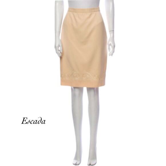 Vintage Escada Virgin Wool Embroidered Hem Skirt Side Zip Skirt Size EU42 US12